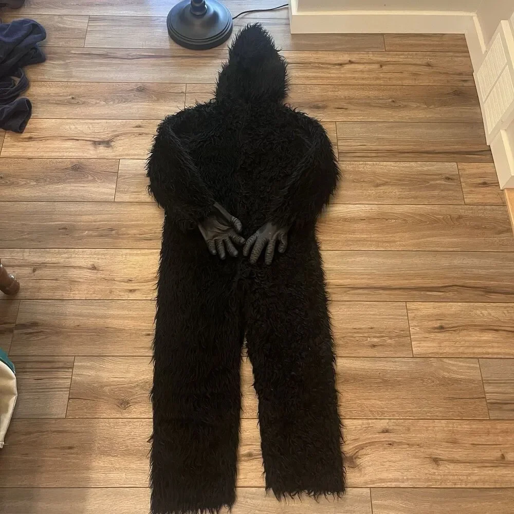 Black Faux Fur Gorilla Suit Costume Outfit Halloween Full Body Suit Kids Youth L - Picture 7 of 7